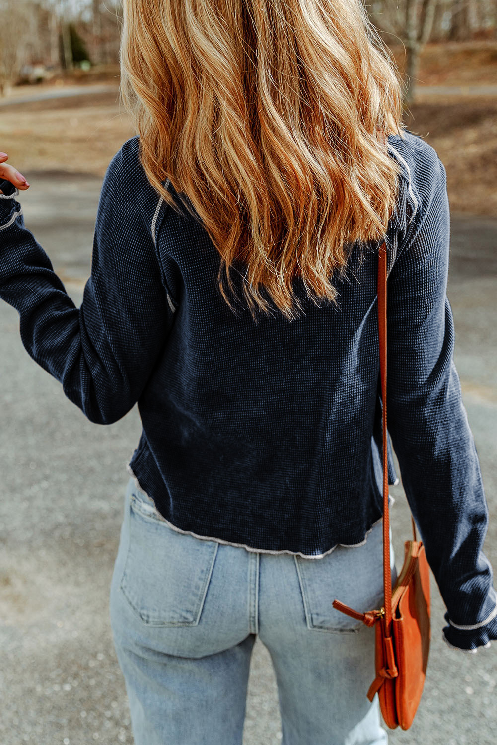 Smoke Gray Textured Round Neck Long Sleeve Top - loveforevers