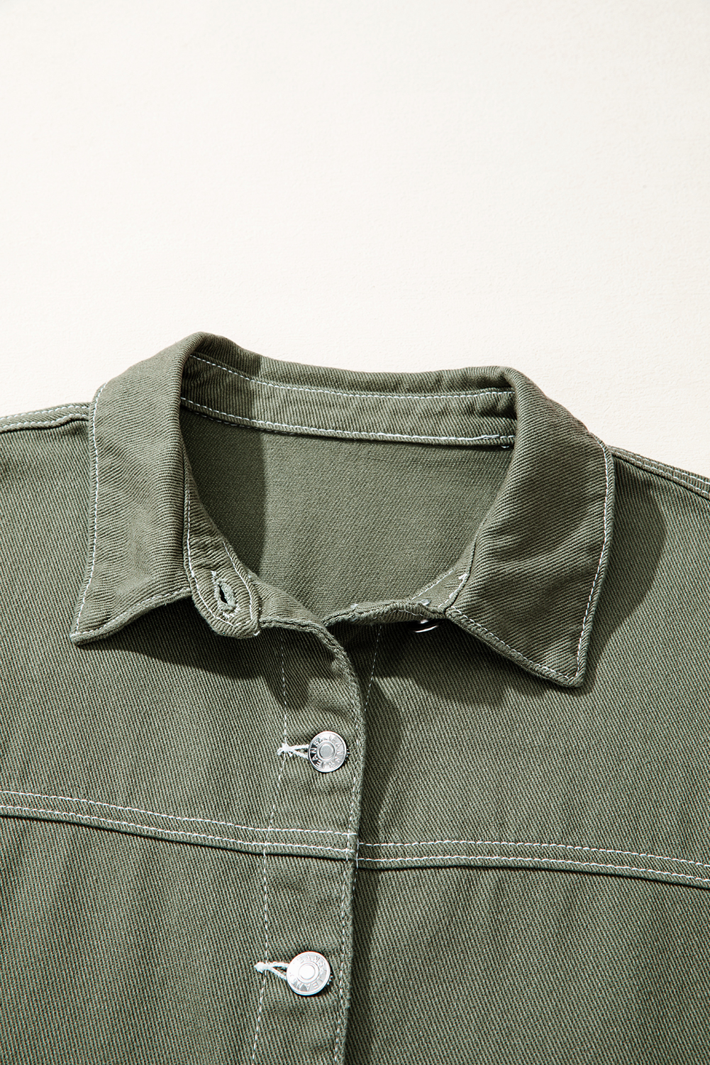 Smoke Green Patched Pocket Collared Button Front Boyfriend Denim Jacket - loveforevers