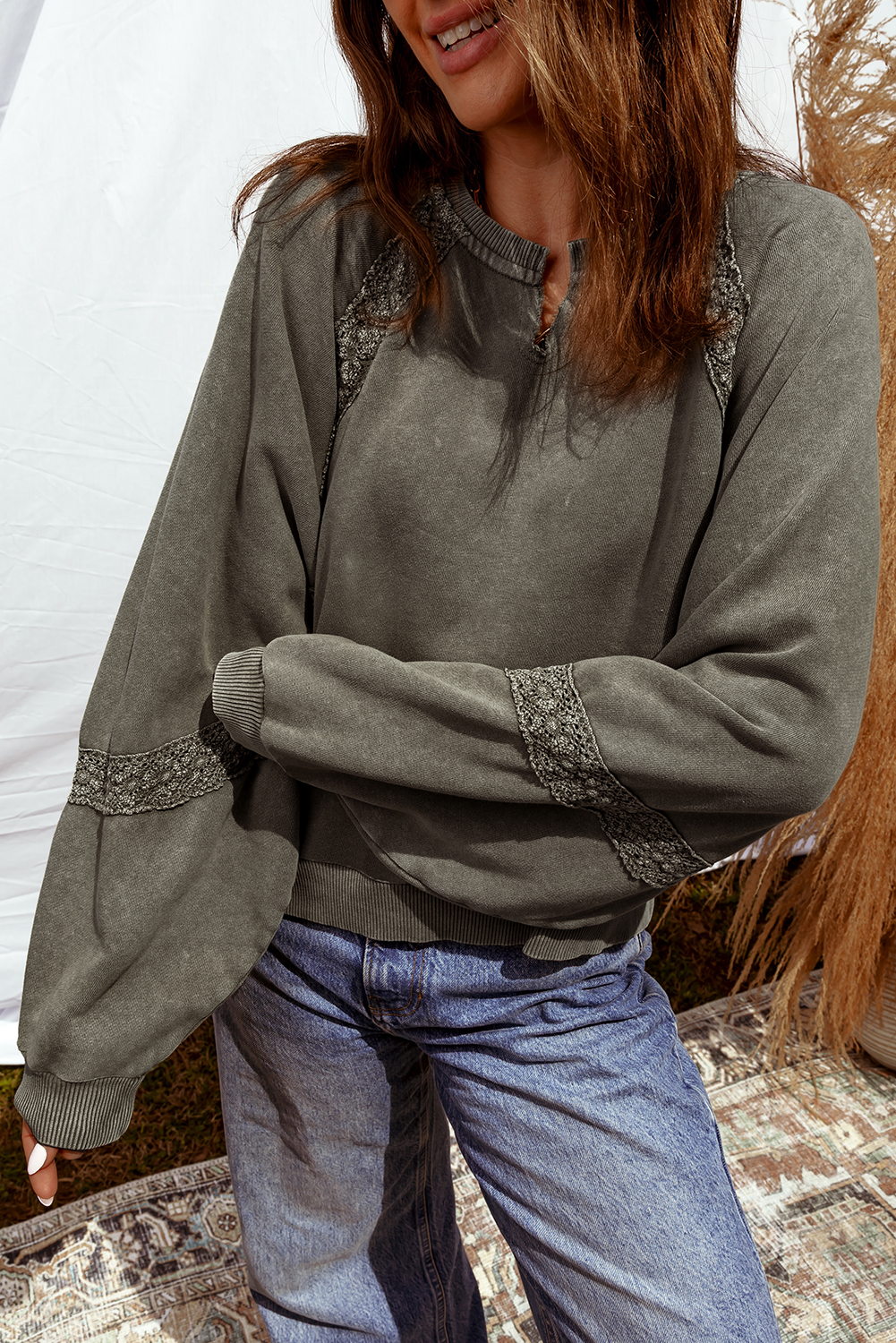 Jungle Green Lace Patchwork Detail Notched Neck Mineral Wash Baggy Sweatshirt - loveforevers