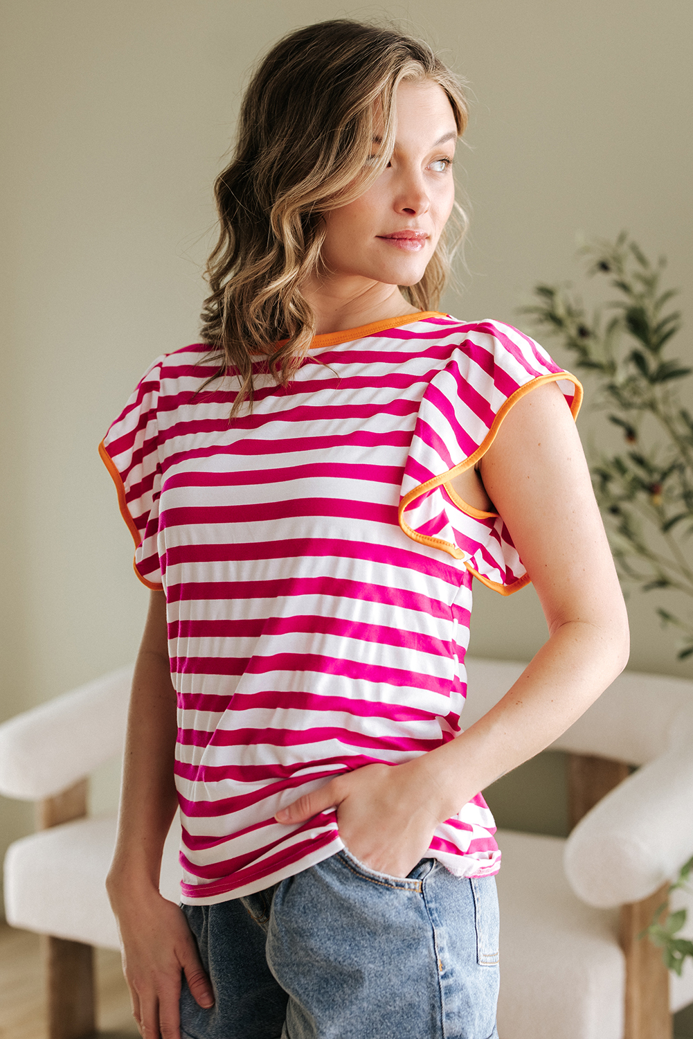 Rose Red Striped Ruffle Sleeve Crew Neck Blouse - loveforevers