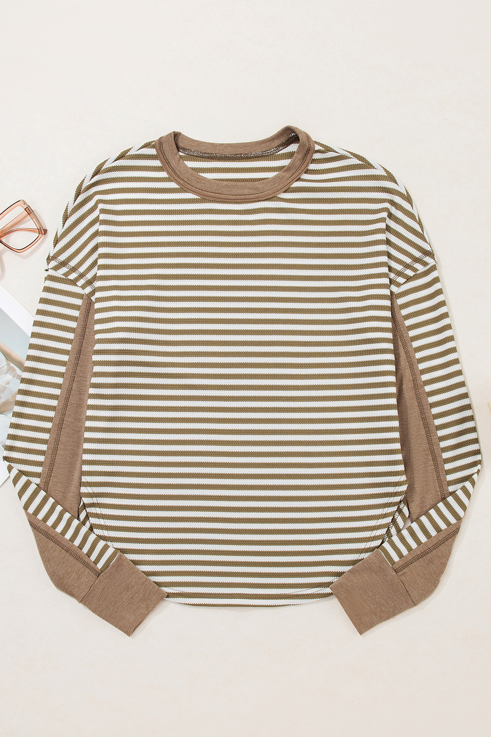 Dearlovers Green Stripe Thermal Knit Drop Shoulder Casual Top - loveforevers