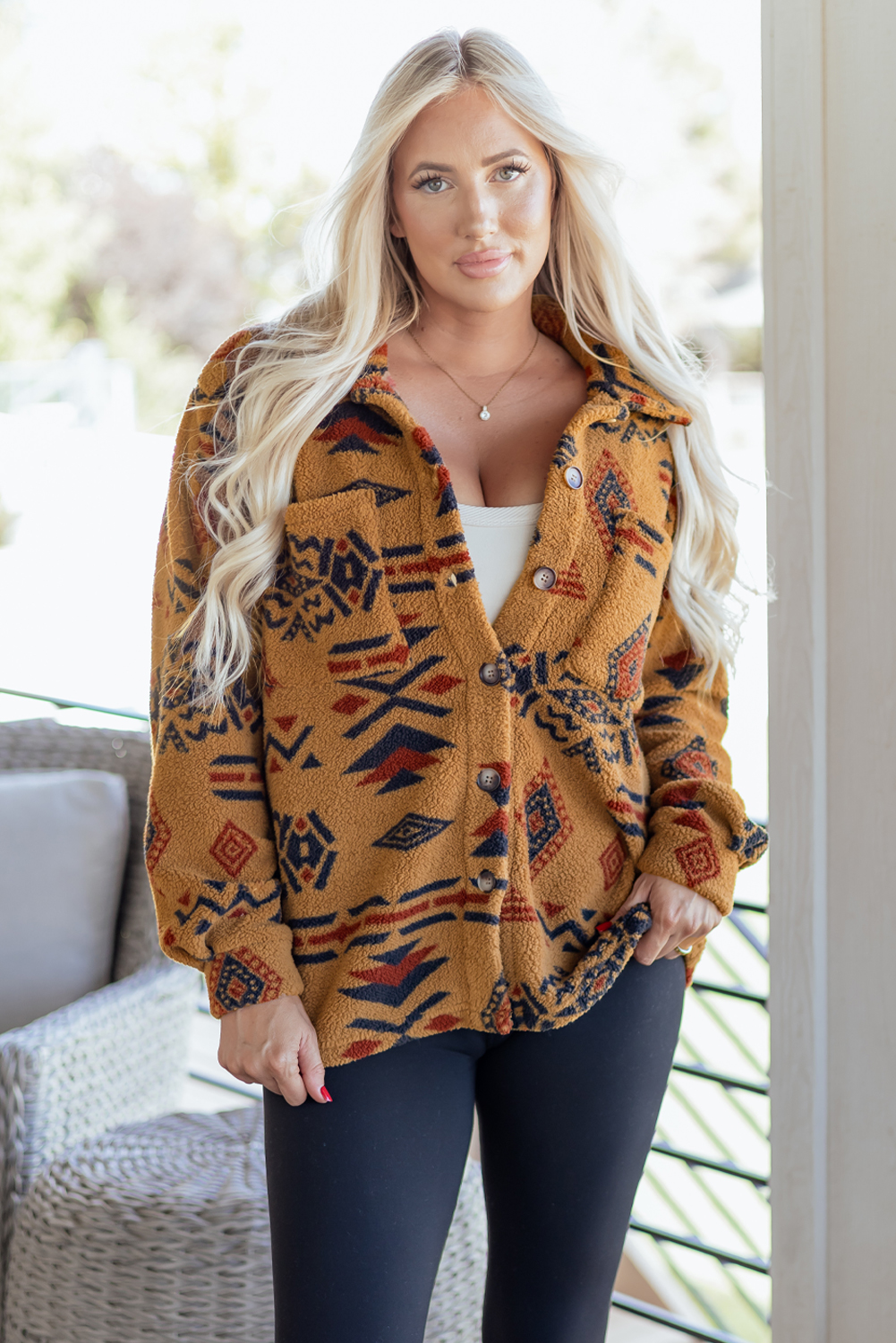 Khaki Western Aztec Pattern Fleece Shacket - loveforevers