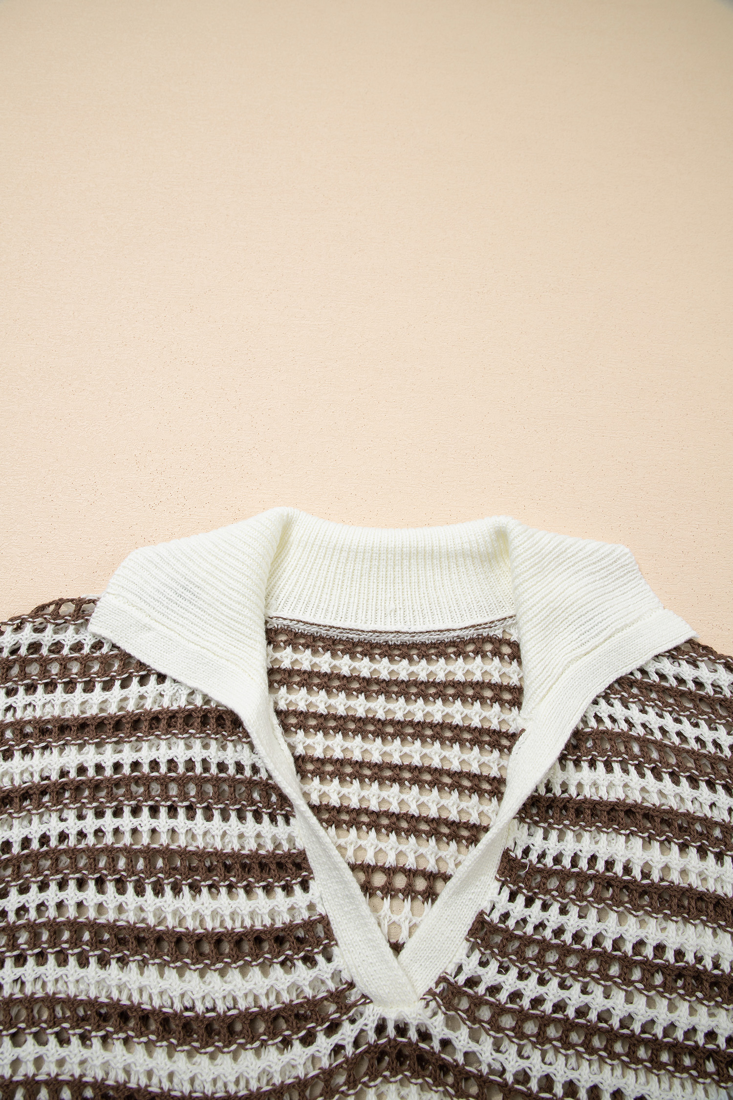 Brown Stripe Eyelet Hollow-out Contrast Collared Pullover Chic Sweater - loveforevers