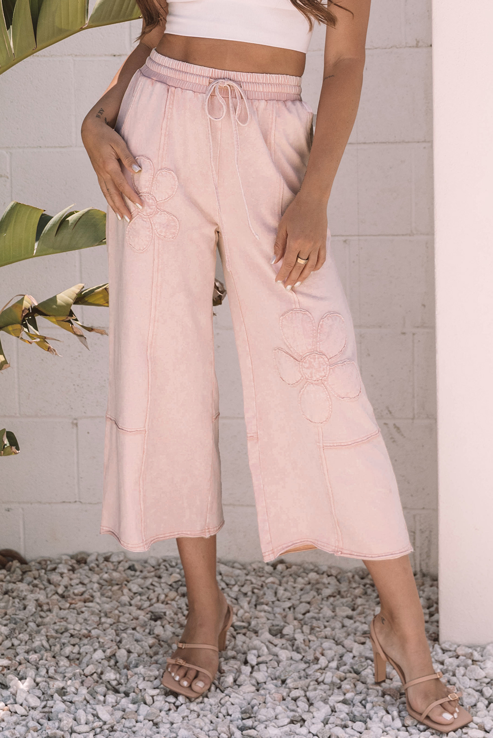 Pink Flower Patch Mineral Washed Terry Knit Cropped Wide Leg Pants - loveforevers
