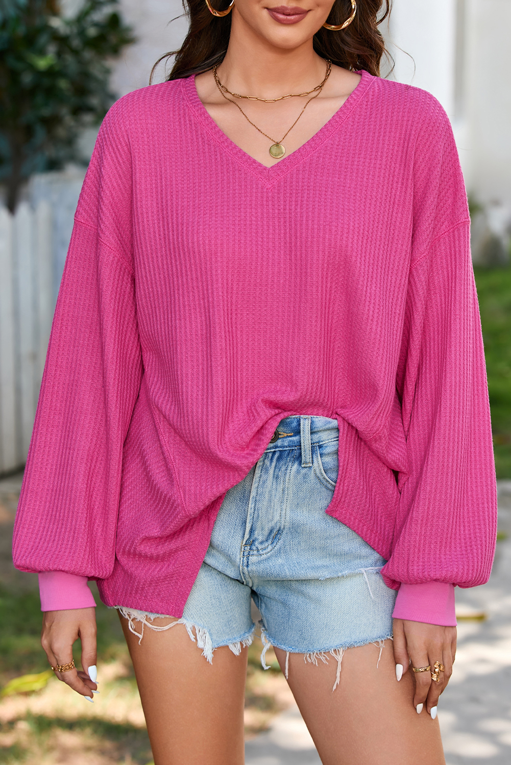 Light Pink Waffle V Neck Long Sleeve Drop Shoulder Loose Blouse - loveforevers