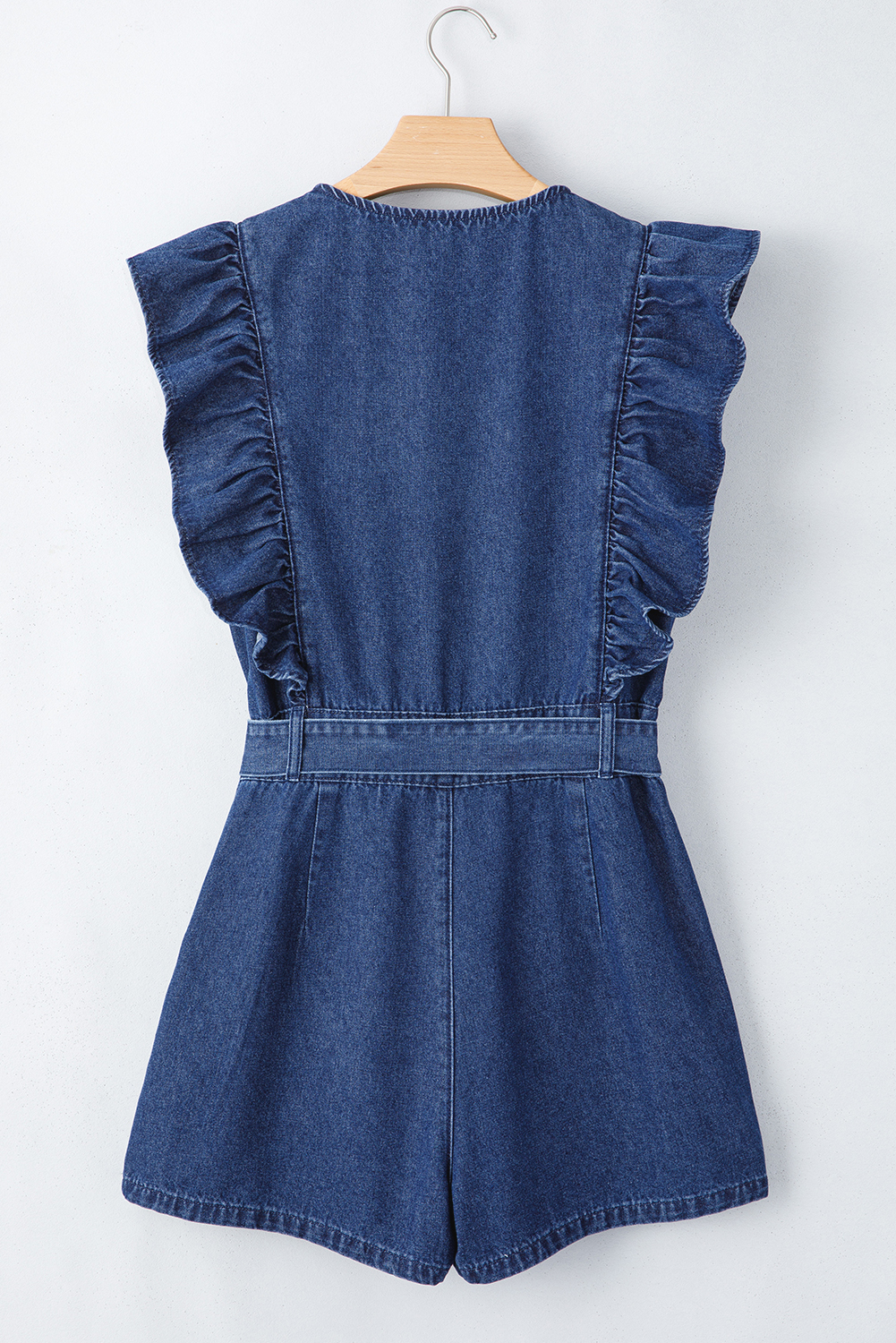 Sail Blue Denim Ruffled Zipped Front Belted Romper - loveforevers