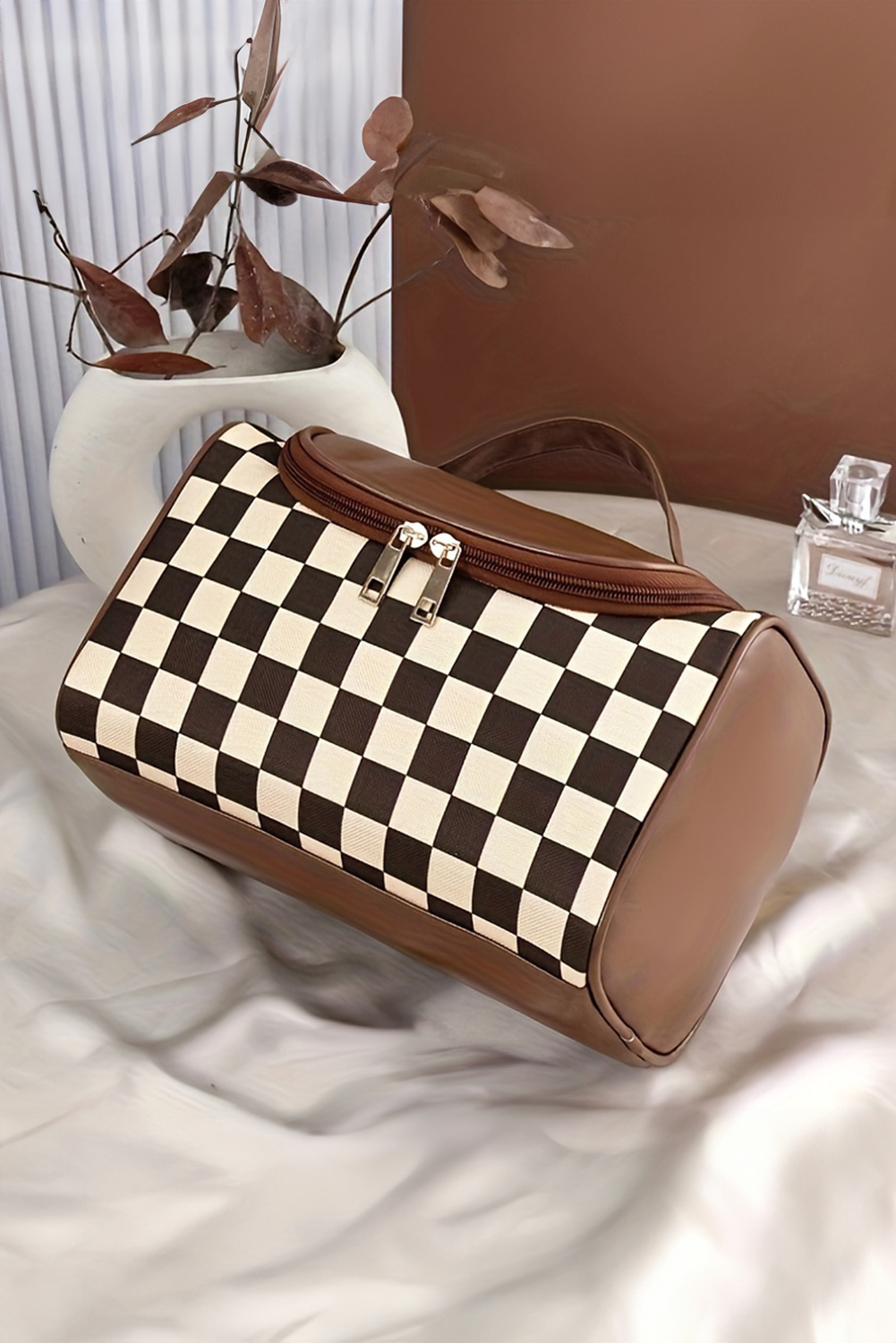 Black Checkered PU Leather Zipper Makeup Bag - loveforevers