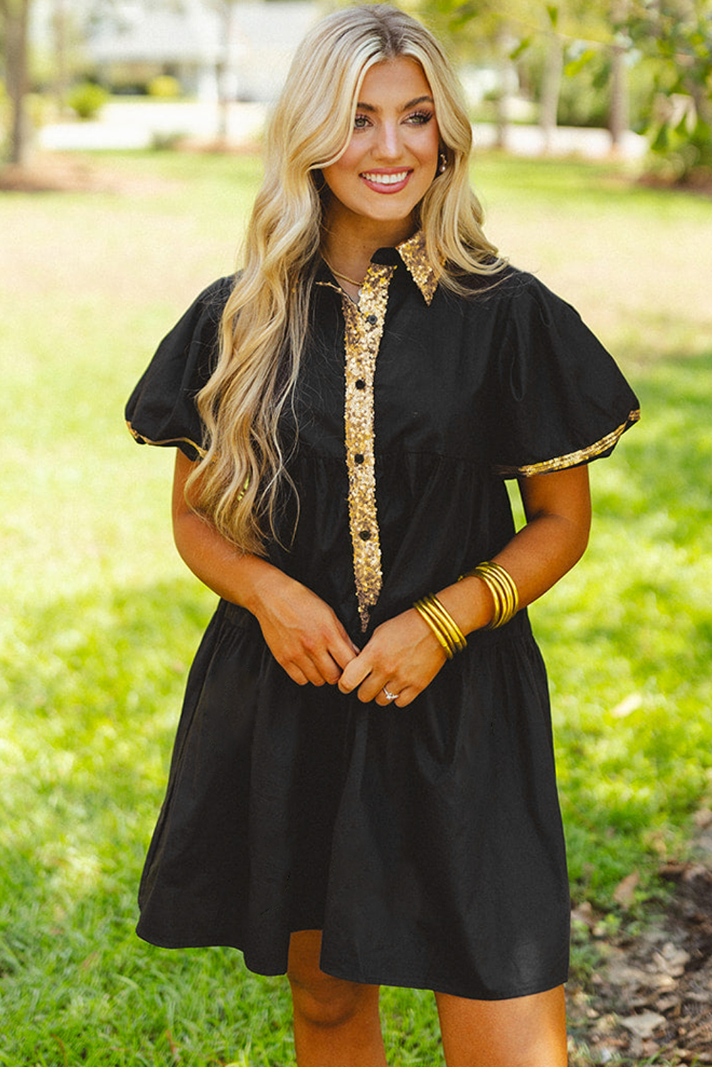 Black Sequin Trim Bubble Sleeve Game Day Shirt Dress - loveforevers