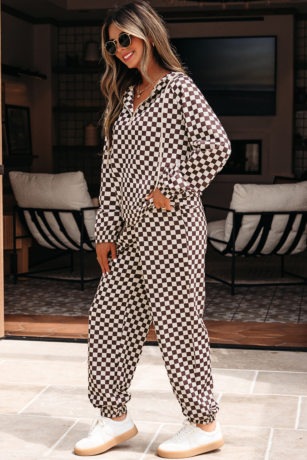 Black Athleisure Checkered 2pcs Pants Set - loveforevers