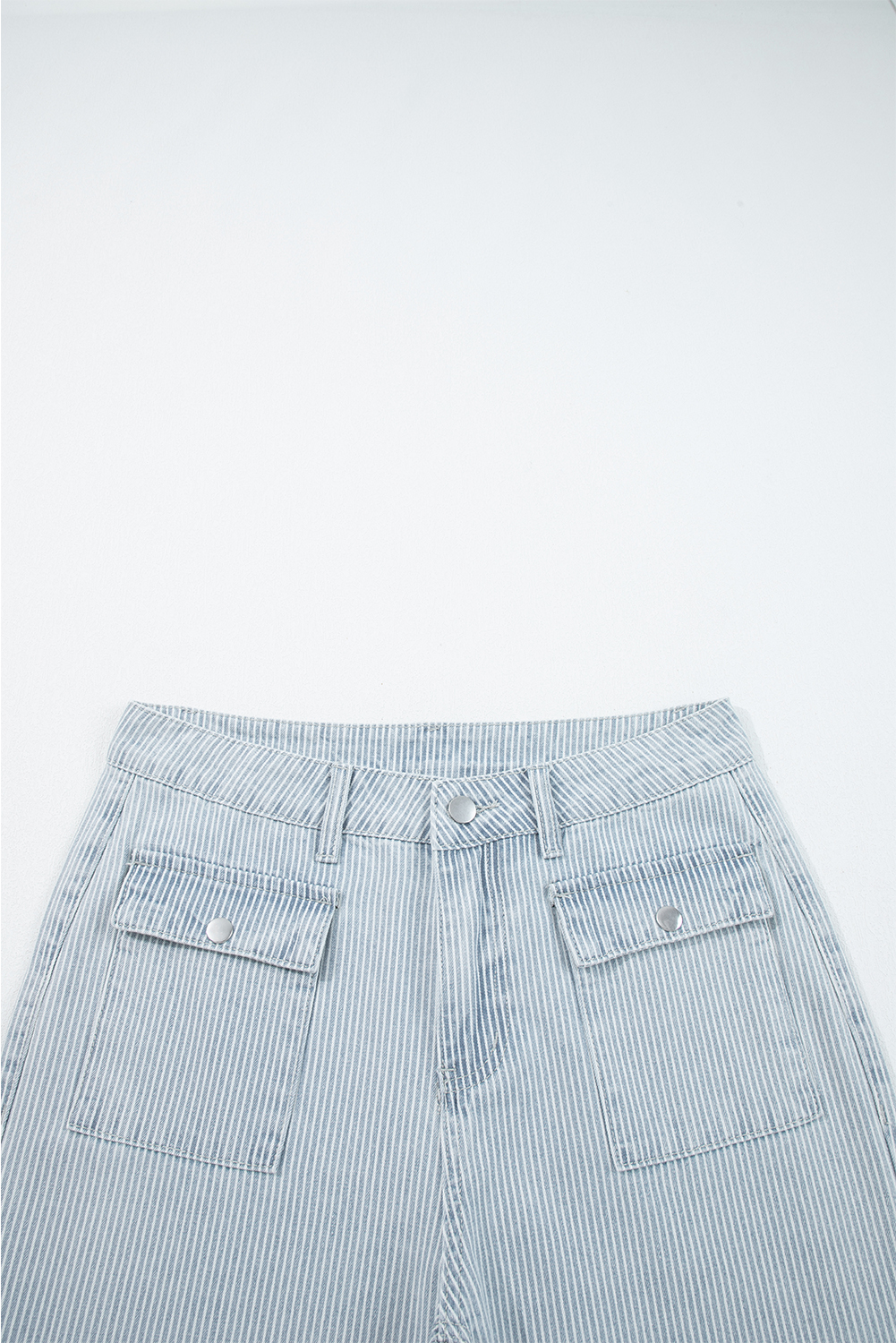 Sky Blue Stripe Button Flap Pocket Cuffed Hem Wide Leg Jeans - loveforevers