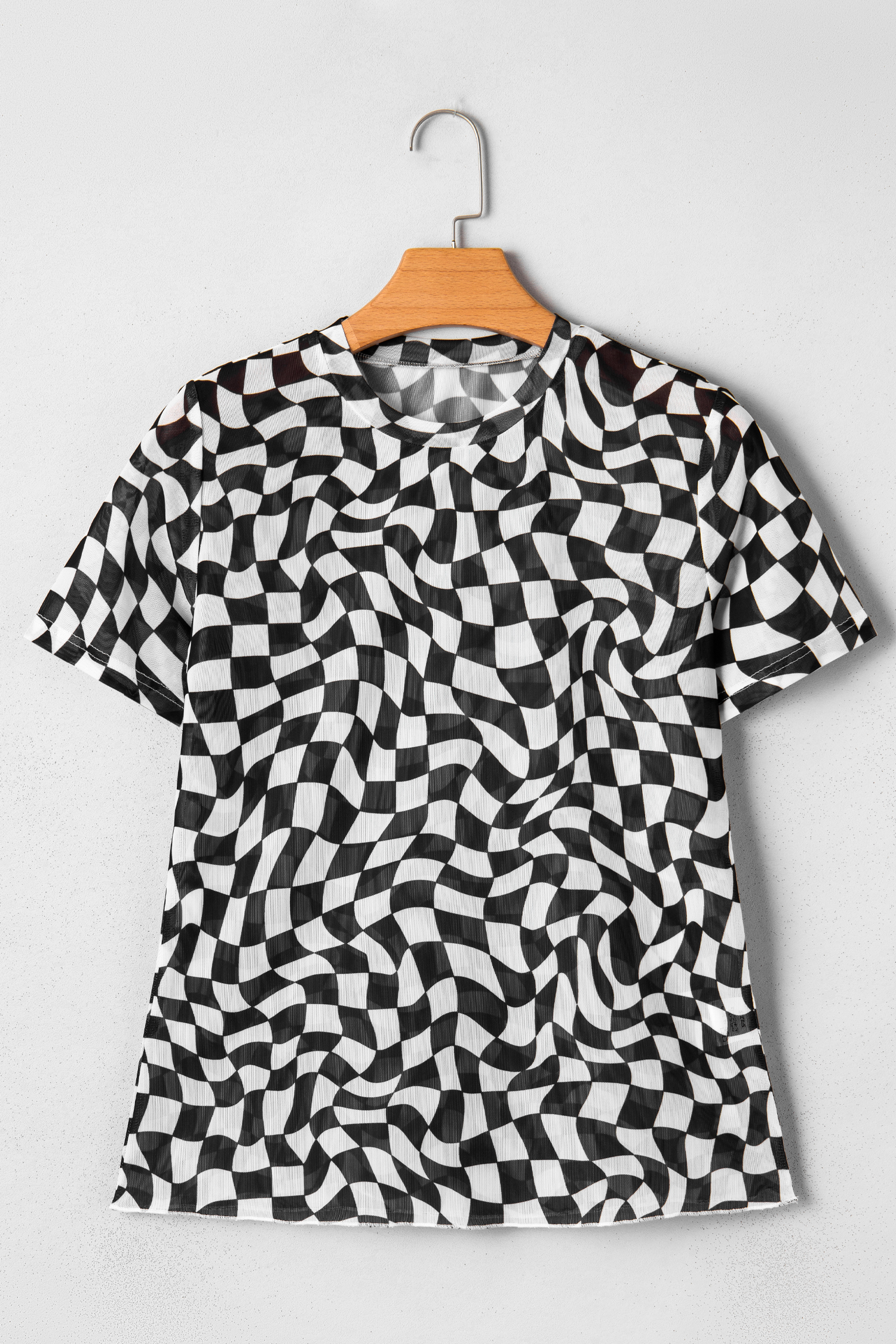 Purple Checkered Print Mock Neck Mesh T Shirt - loveforevers