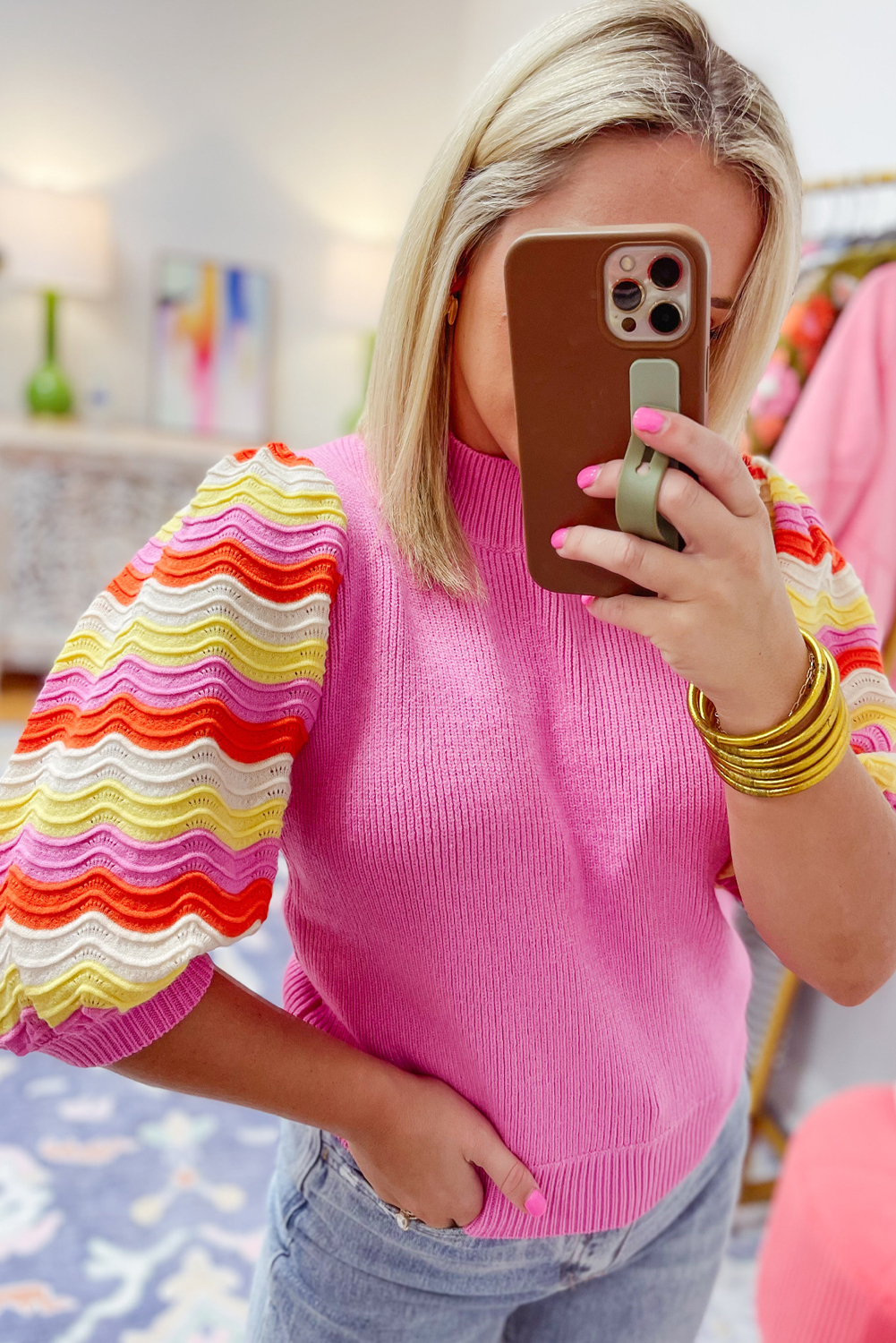 Pink Ribbed Knit Contrast Sleeve Sweater Top - loveforevers