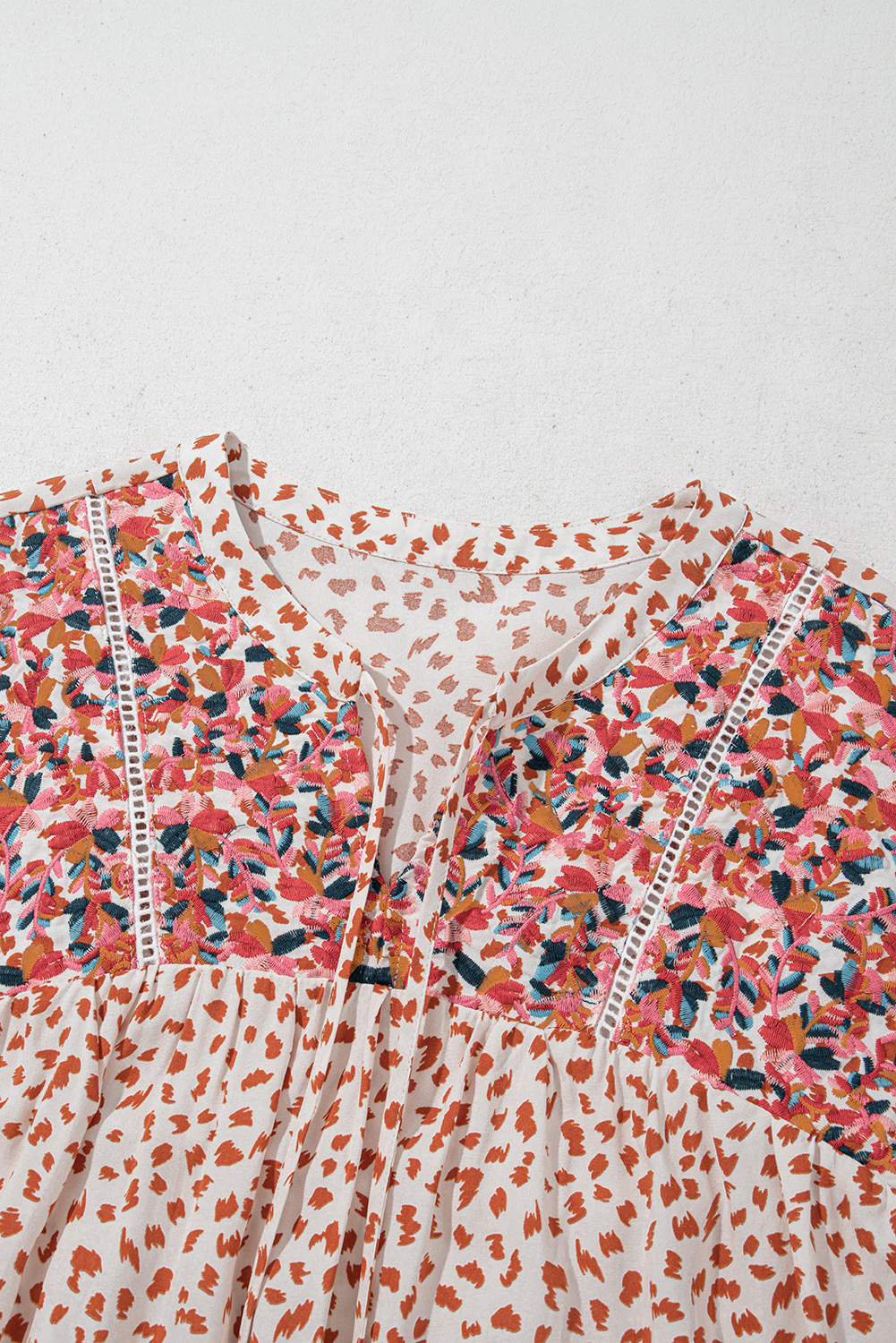 Red Printed Embroidery Detail Tie Split Neck Blouse - loveforevers