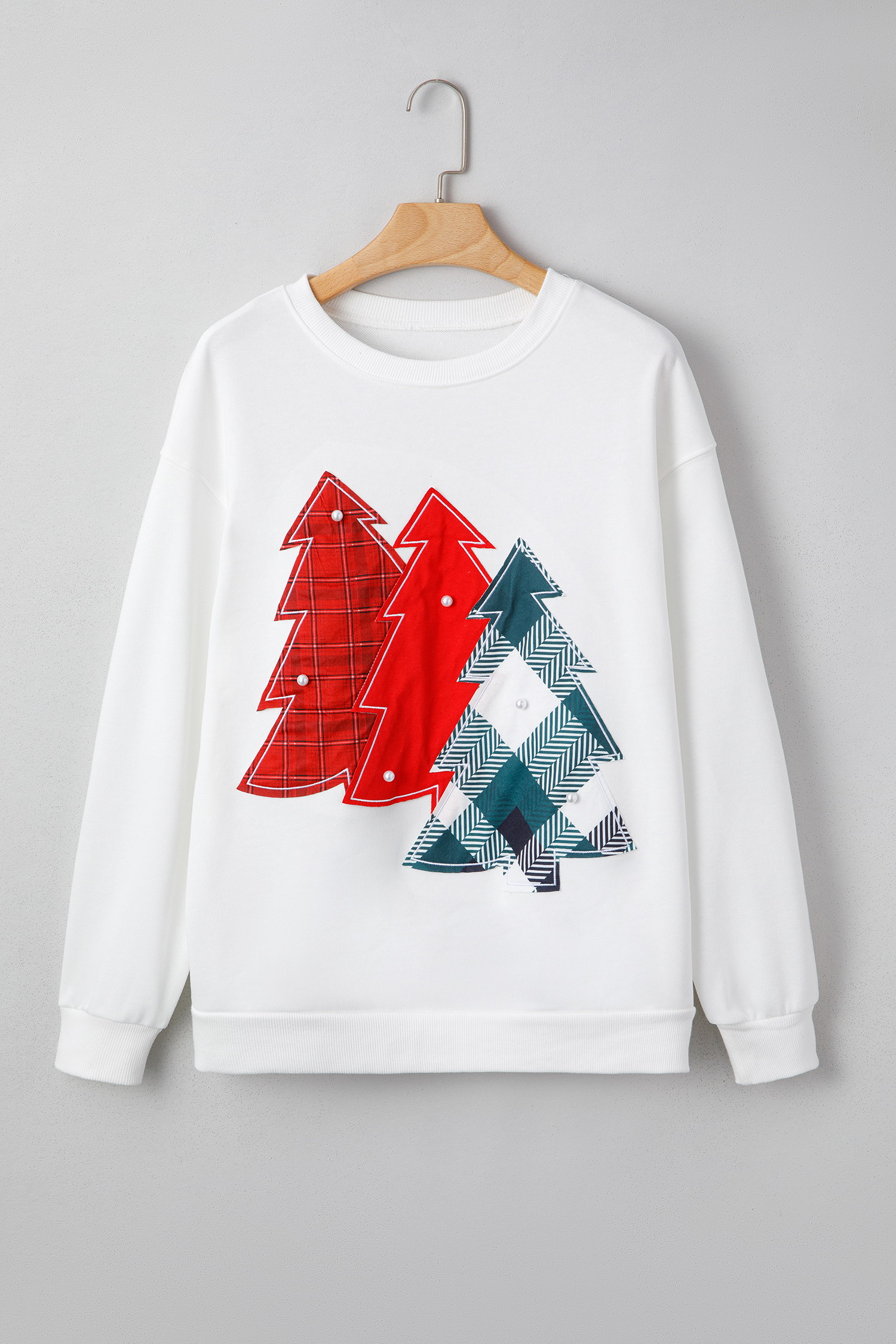 White Pearl Plaid Christmas Tree Patched Drop Shoulder Sweatshirt - loveforevers