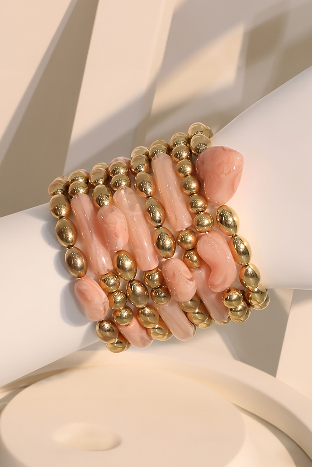 Gold Plated Bead Acrylic Detail 3D Heart Accent 8pcs Bracelet Set - loveforevers