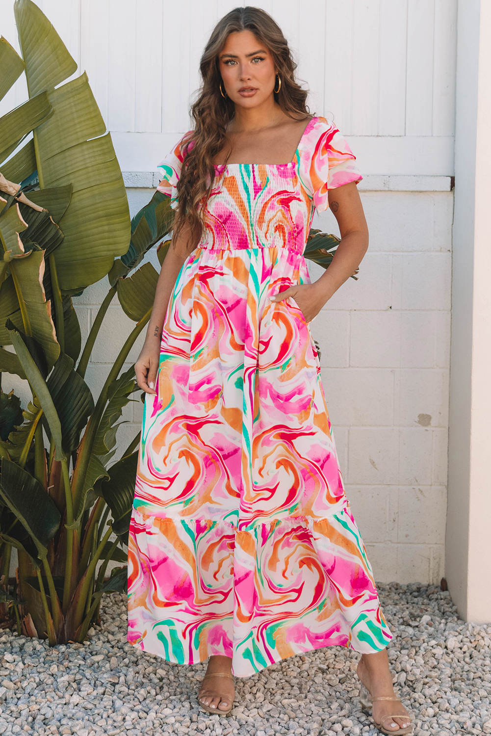 Pink Abstract Print Ruffled Sleeve Smocked Bust Maxi Dress - loveforevers