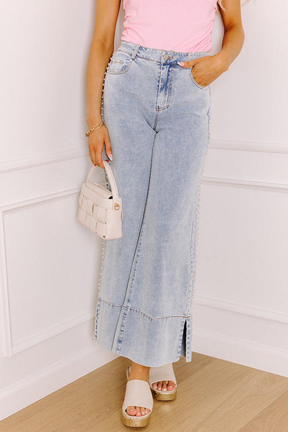 Beau Blue Mid Rise Pearl Embellished Split Wide Leg Jeans - loveforevers