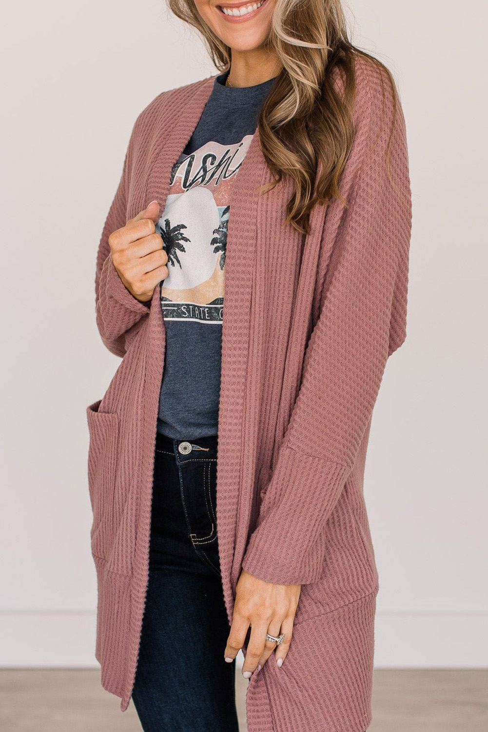 Mineral Red Solid Color Waffle Knit Cardigan with Pocket - loveforevers