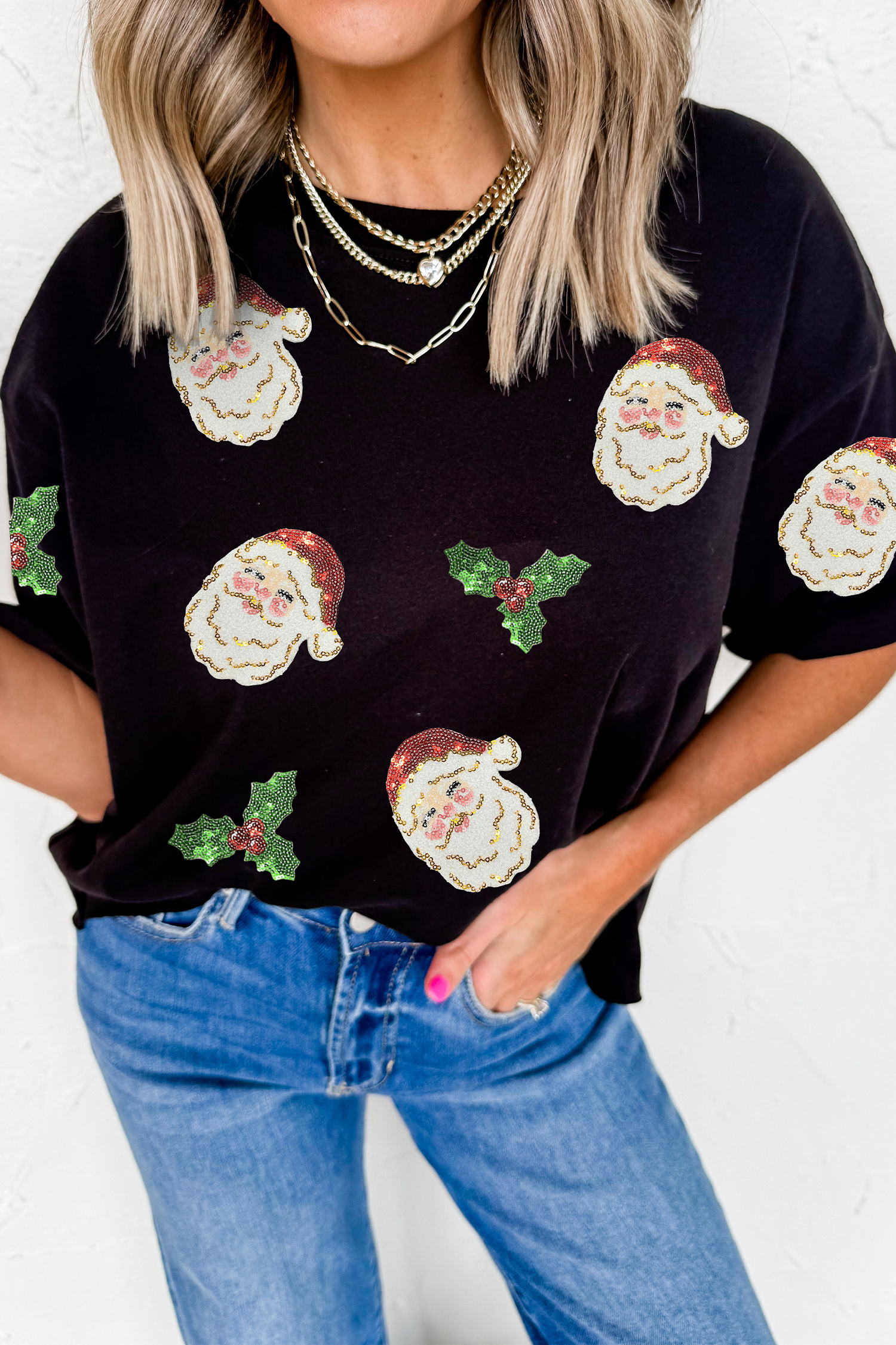 Black Christmas Holly Santa Claus Sequin Patched Graphic Tee - loveforevers