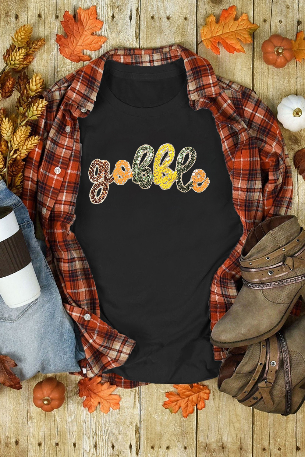 Black gobble Sequin Letter Graphic Thanksgiving T Shirt - loveforevers