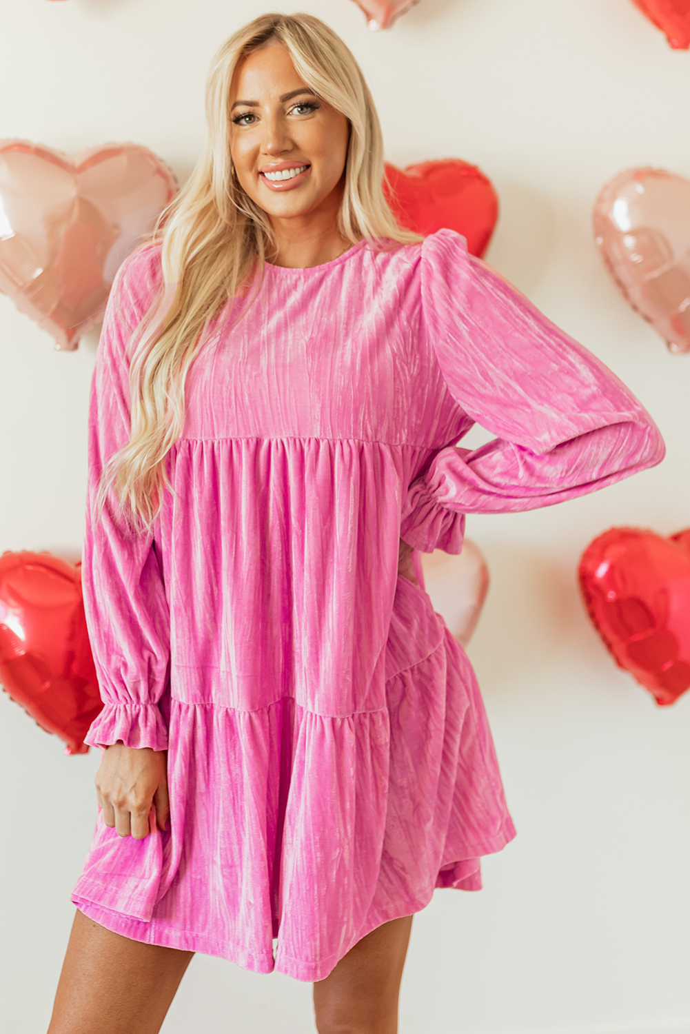 Strawberry Pink Flounce Sleeve Tiered Ruffled Velvet Mini Dress - loveforevers