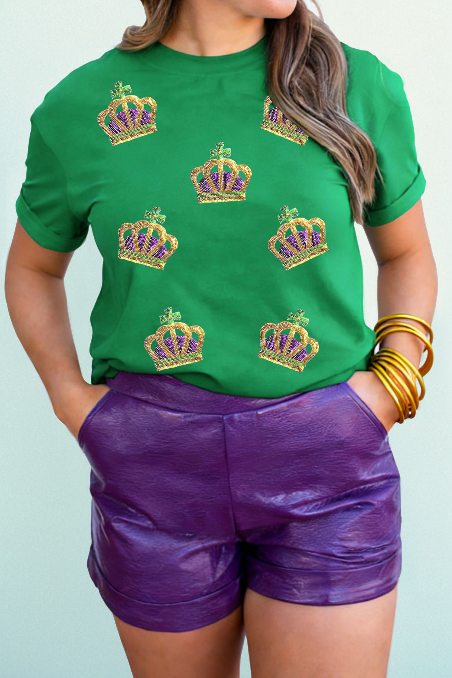Bright Green Sequin Mardi Gras Crown Rolled Sleeve T Shirt - loveforevers