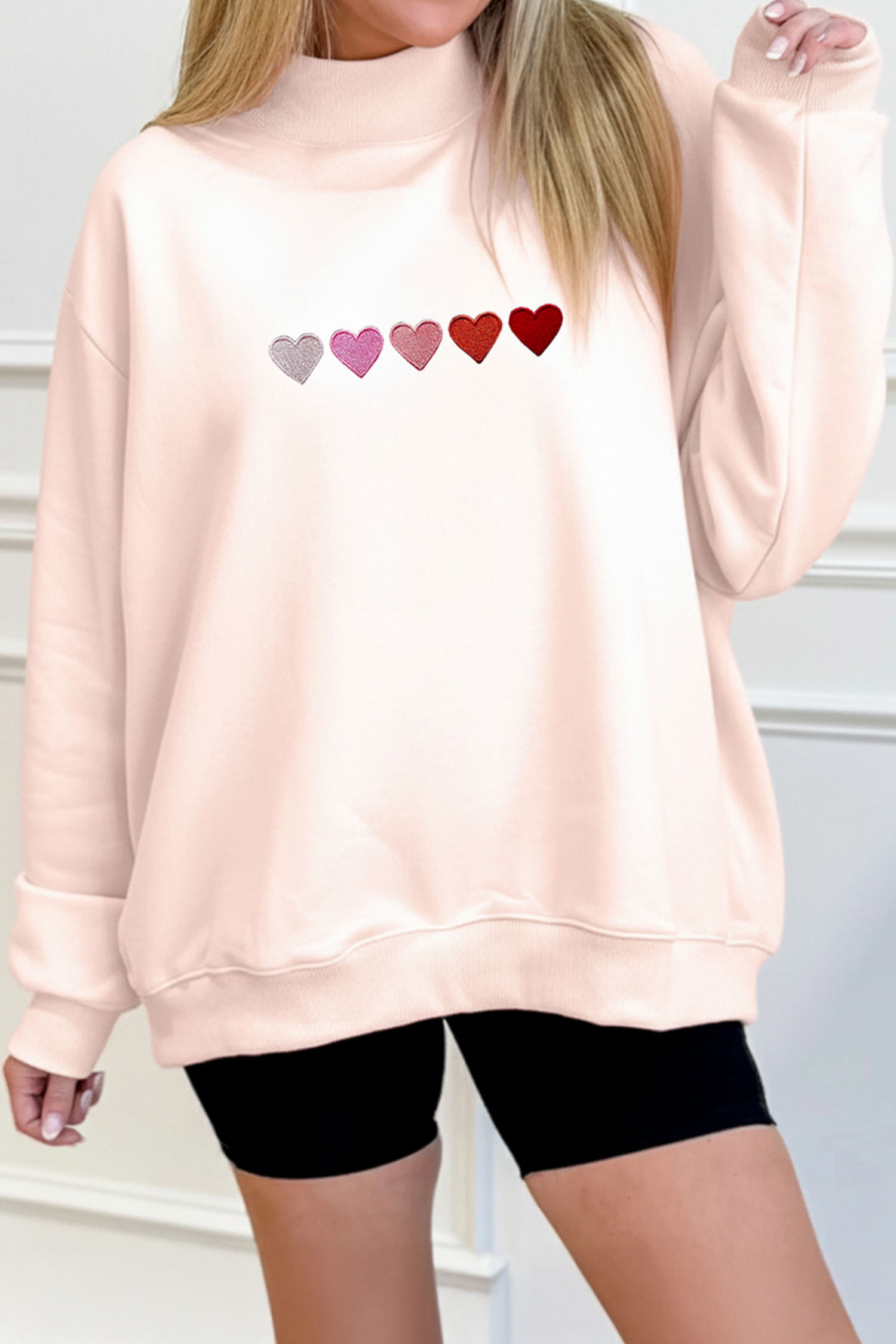 Apricot Pink A Line of Embroidered Hearts Graphic Mock Neck Sweatshirt - loveforevers