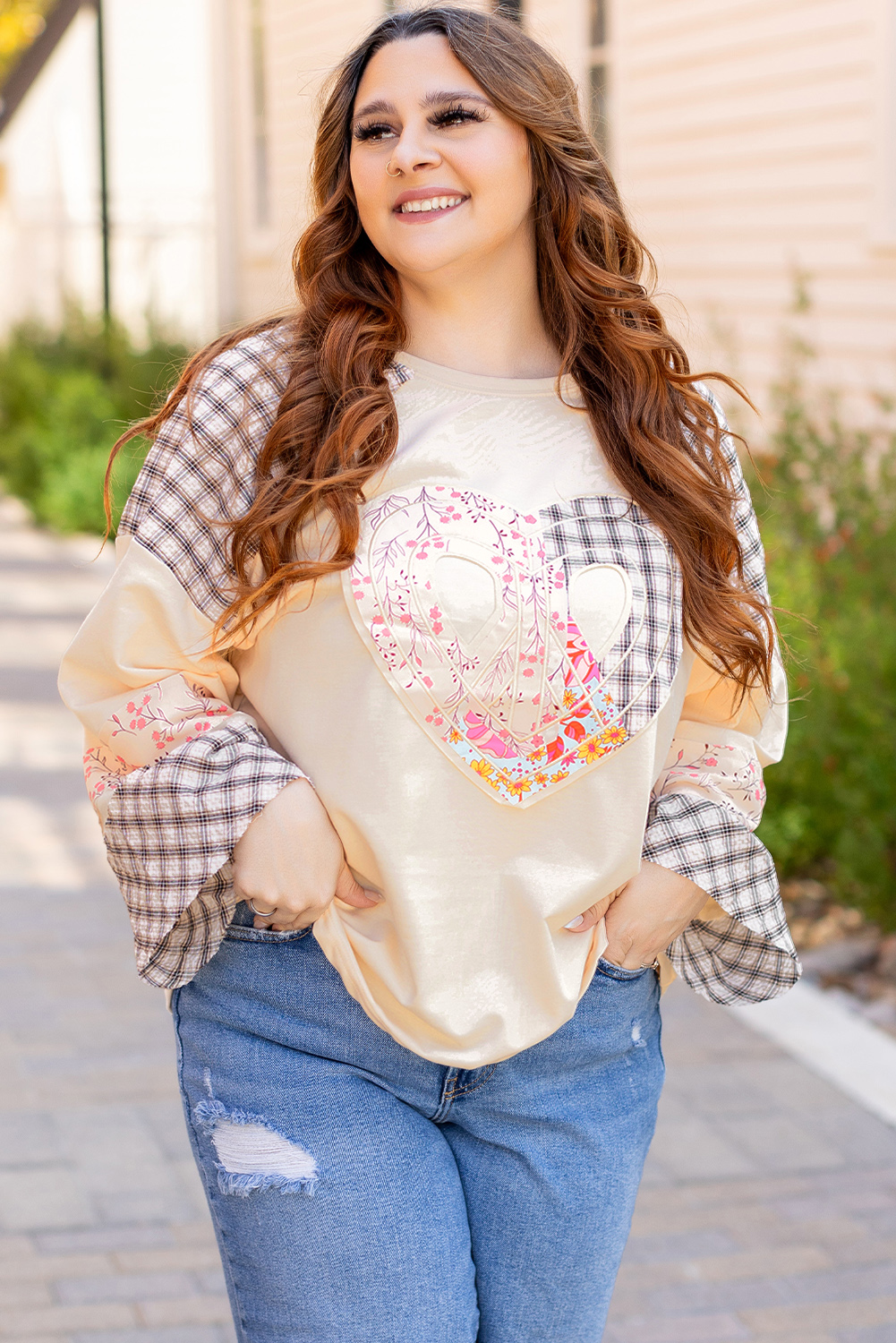 Beige Flower Patch Graphic Exposed Seam Wide Sleeve Top - loveforevers