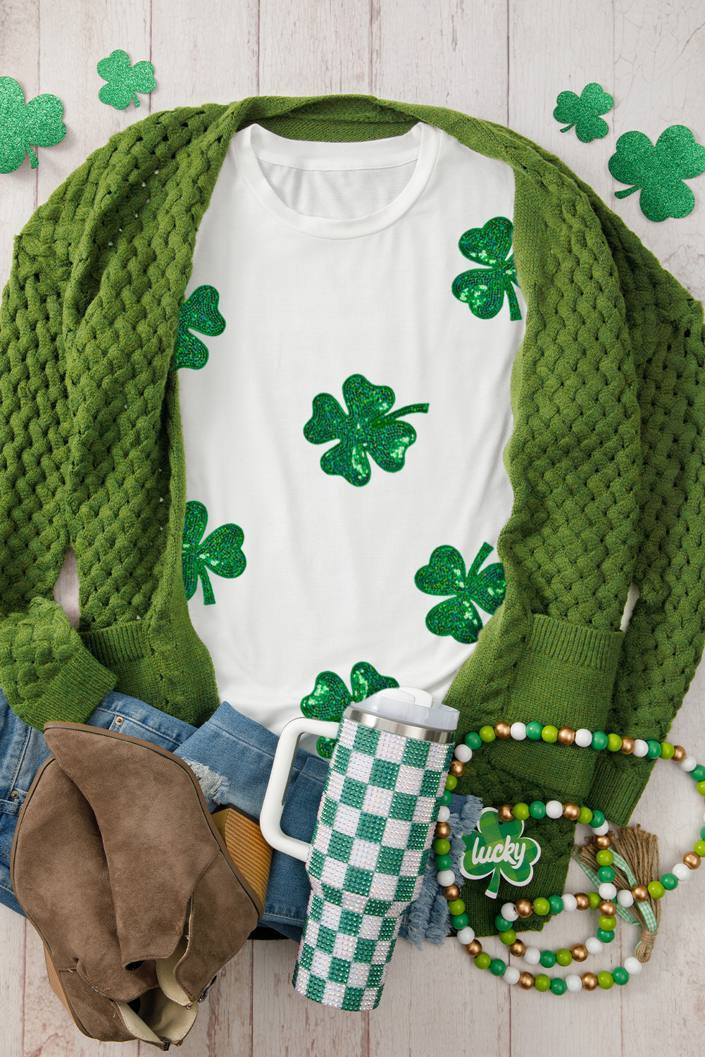 White Sequin Lucky Clover Graphic Crewneck Tee - loveforevers