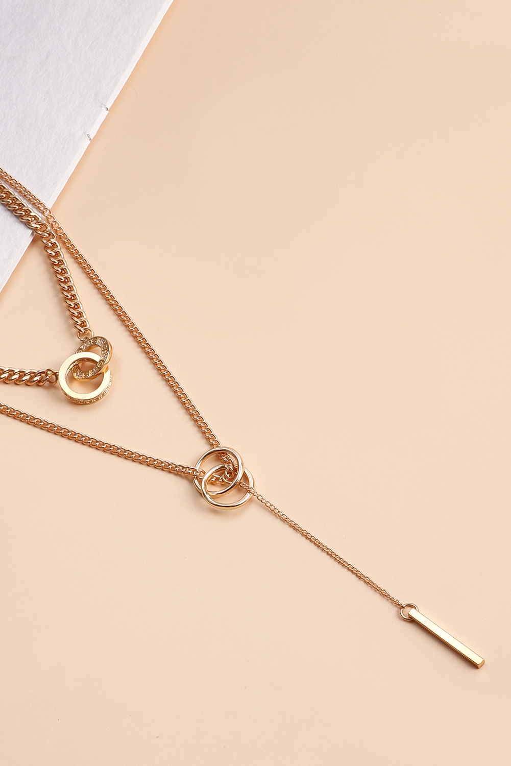 Gold Plated Double Layer O-Ring Long Stick Pendant Chain Necklace - loveforevers