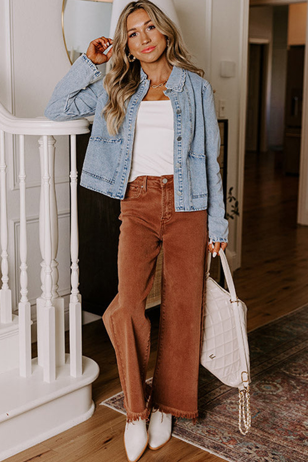 Myosotis Scallop Trim Collar Patched Pocket Button Up Mineral Washed Denim Jacket - loveforevers