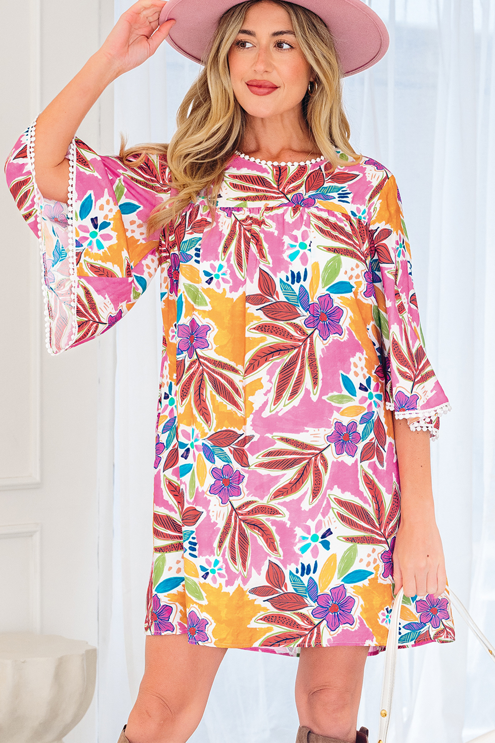 Pink Floral Print Lace Trimmed Tie Back Bell Sleeve Swing Mini Dress - loveforevers