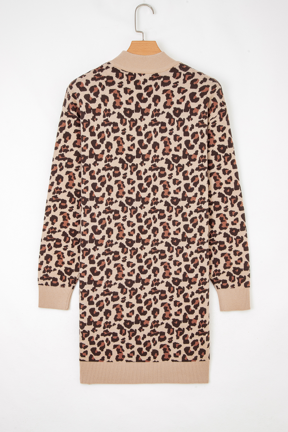 Khaki Leopard Print High Neck Shift Mini Sweater Dress - loveforevers