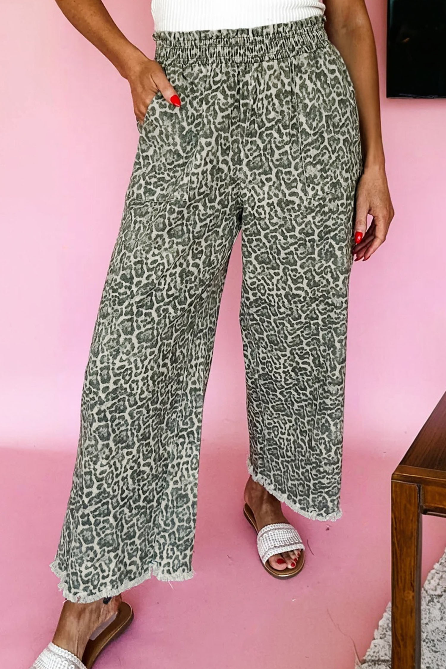 Brown Leopard Print Raw Hem Elastic Waist Loose Pull On Jeans - loveforevers