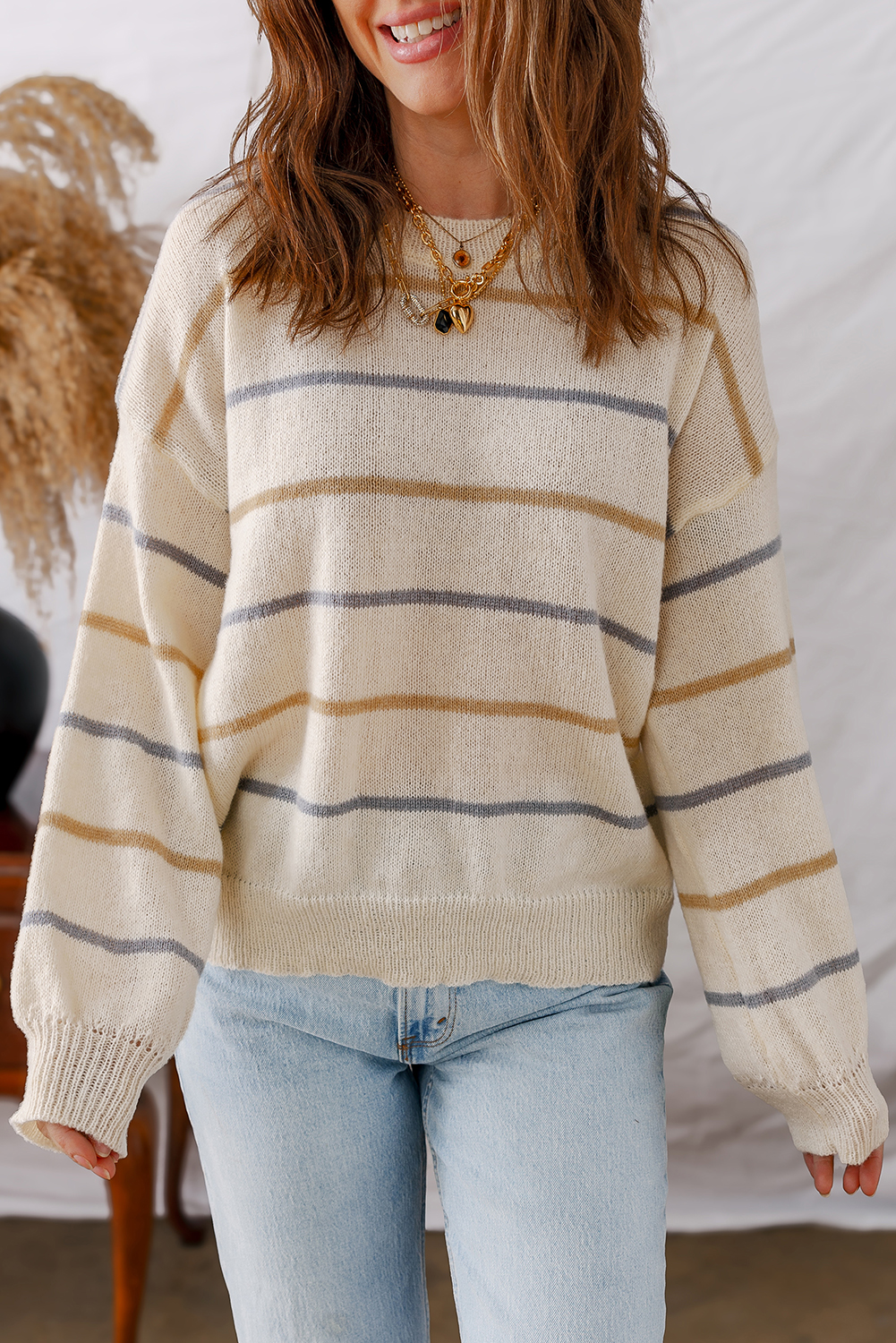 Multicolour Striped Buttoned Front V Neck Drop Shoulder Cardigan Sweater - loveforevers