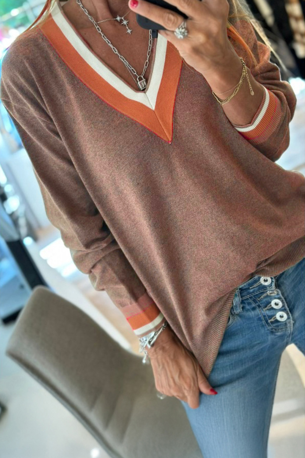 Black Contrast Striped Trim V Neck Varsity Sweater - loveforevers