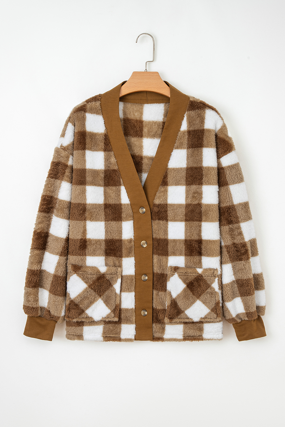 Brown Checkered Sherpa Loose Knit Cardigan with Pockets - loveforevers