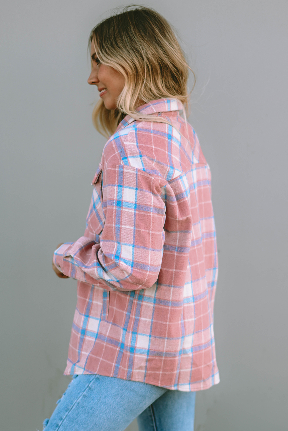 Pink Plaid Flap Pocket Flannel Shacket - loveforevers