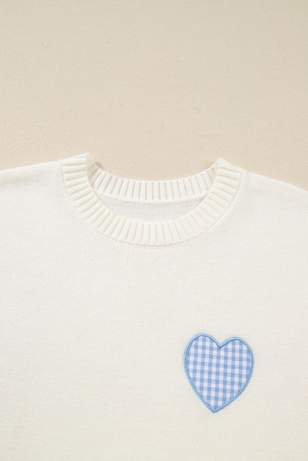 Light Pink Plaid Heart Embroidered Cuffed Drop Shoulder Crew Neck Sweater - loveforevers