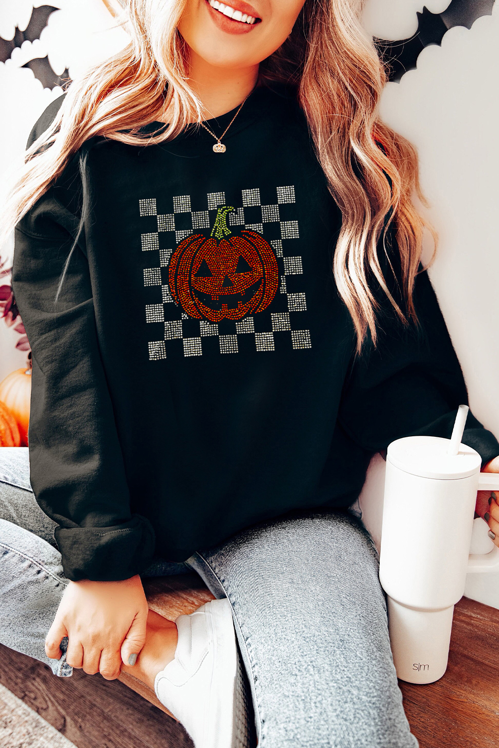 Black Rhinestone Jack-o-lantern Checkered Graphic Halloween Sweatshirt - loveforevers
