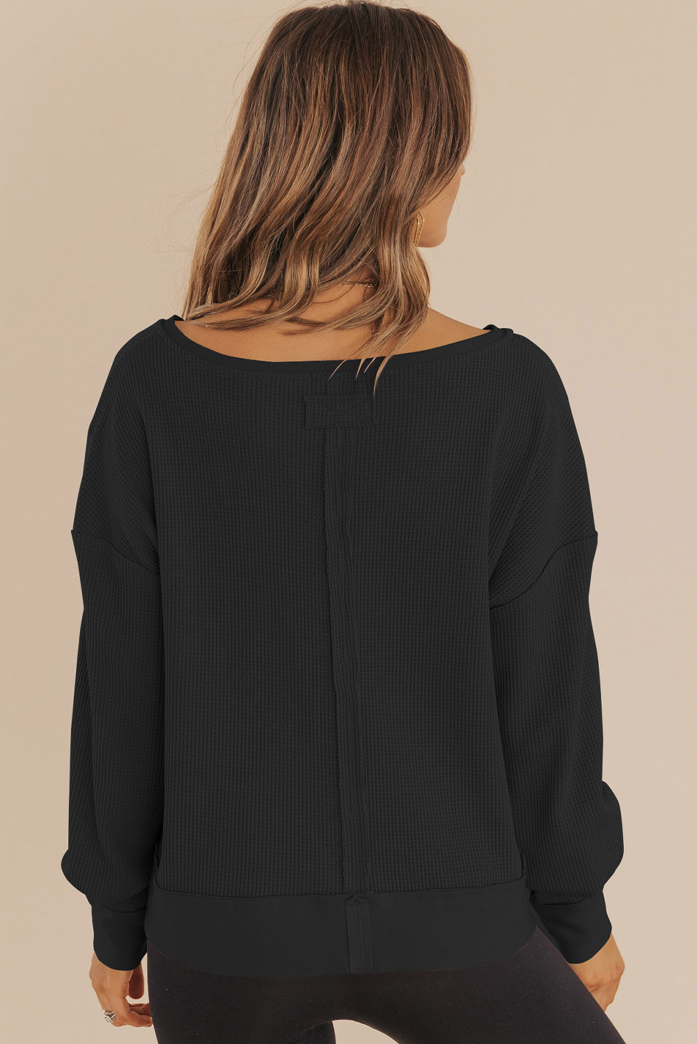 Dark Brown Waffle Knit Notched V Neck Drop Shoulder Solid Sweatshirt - loveforevers