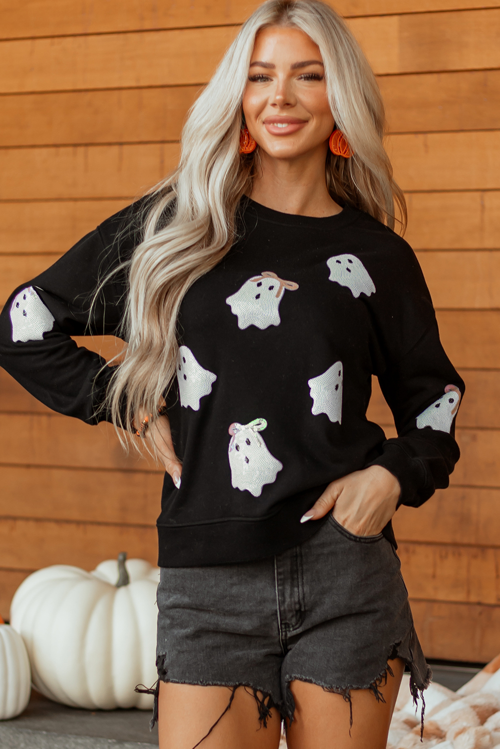 Wisteria Glitter Trim Chenille Ghost Patched Halloween Graphic Tee - loveforevers