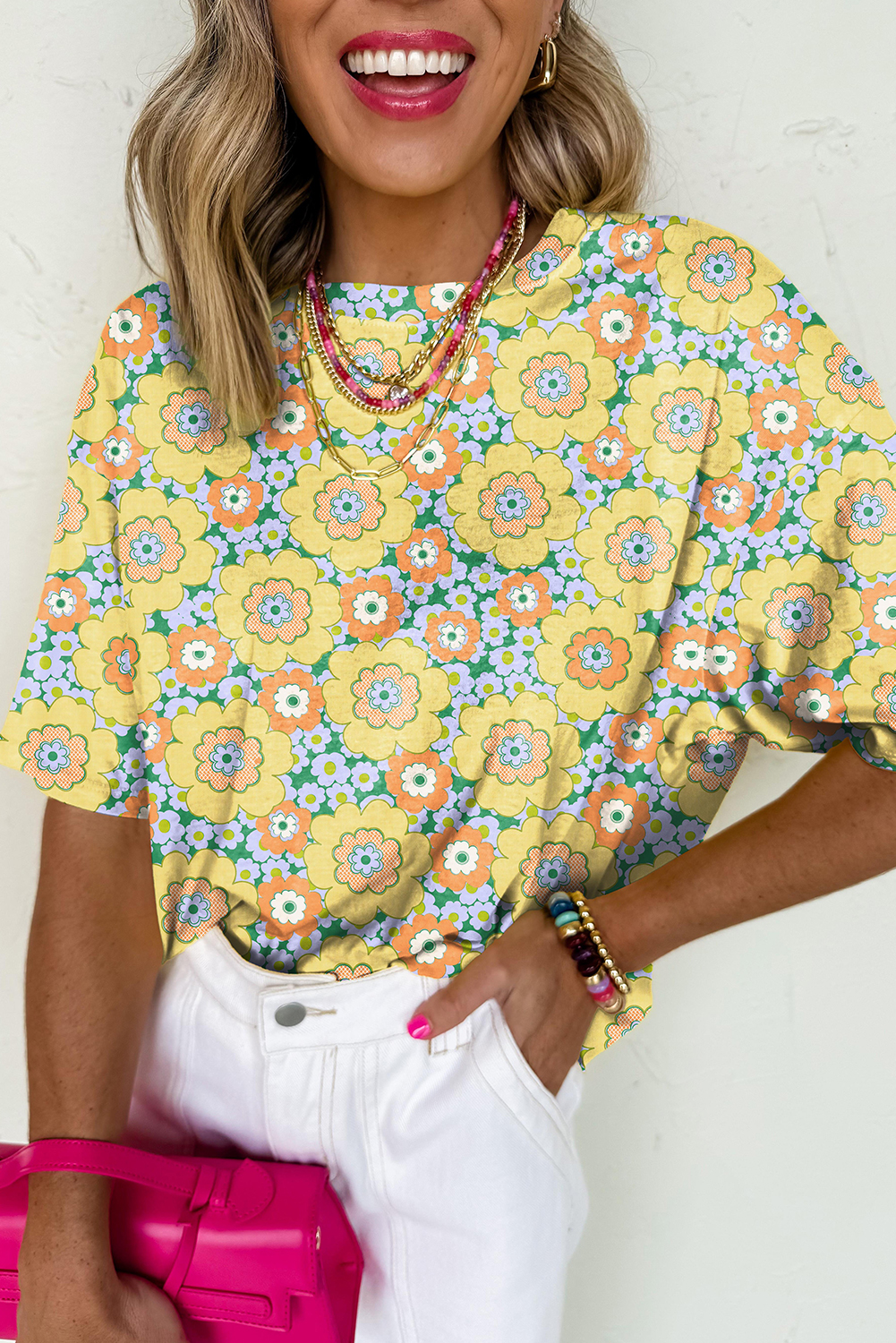 Yellow Summer Flower Printed Drop Shoulder Loose T Shirt - loveforevers
