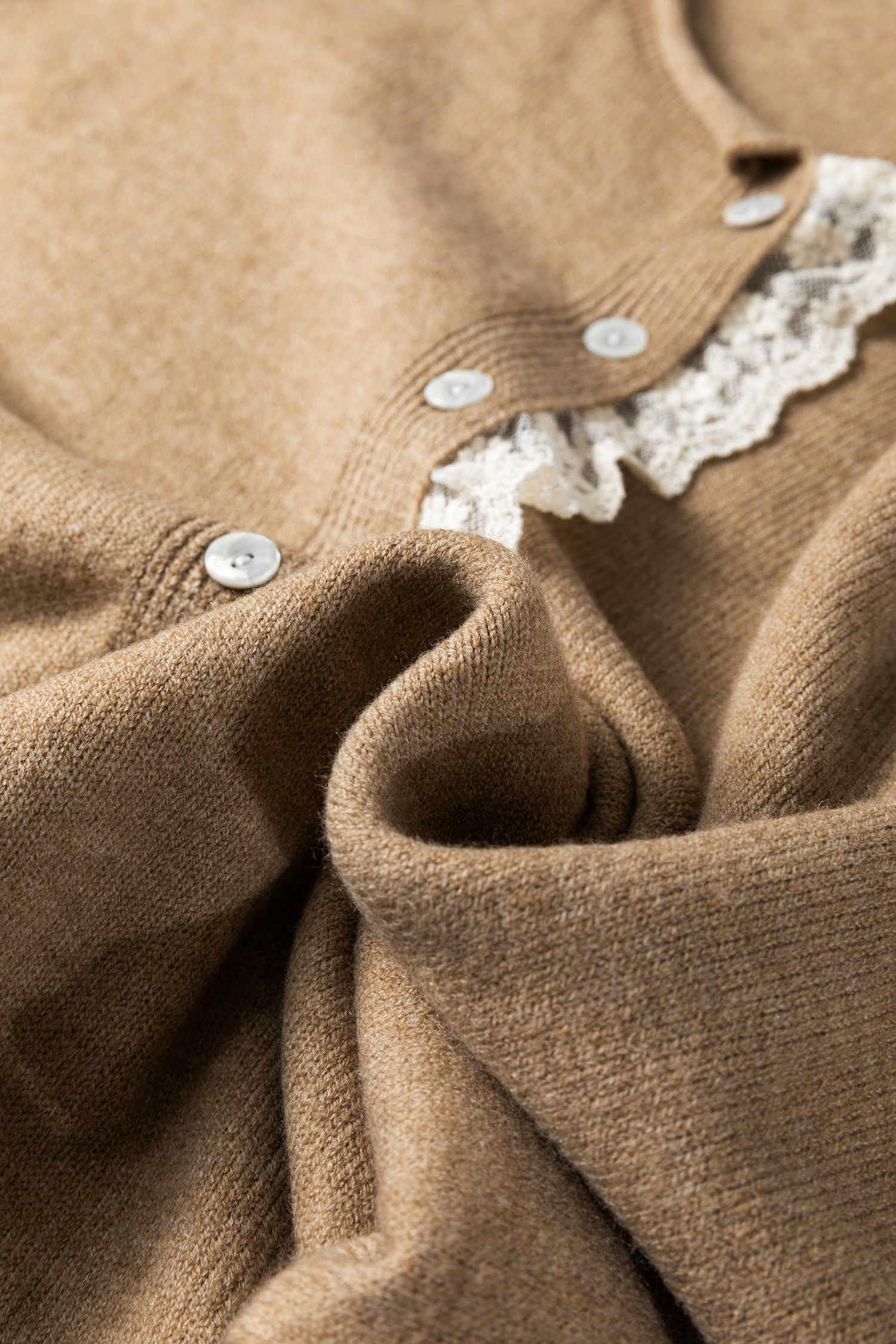 Simply Taupe Contrast Frilled Lace Trim Loose Cardigan Sweater - loveforevers