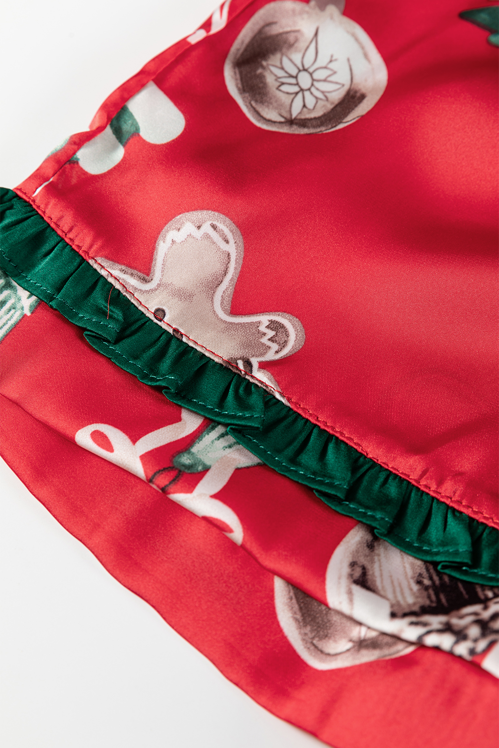 Red Christmas Fashion Print Contrast Ruffle Trim Ribbon Bow Knot 2pcs Pajama Set - loveforevers