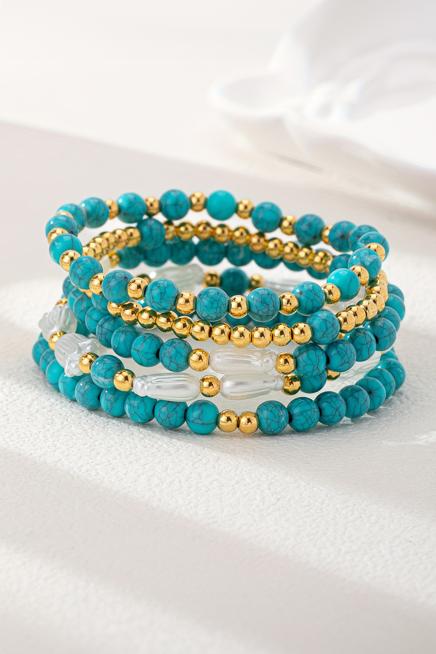 Turquoise Mixed Golden Beads Pearlish Detail 5pcs Bracelet Set - loveforevers