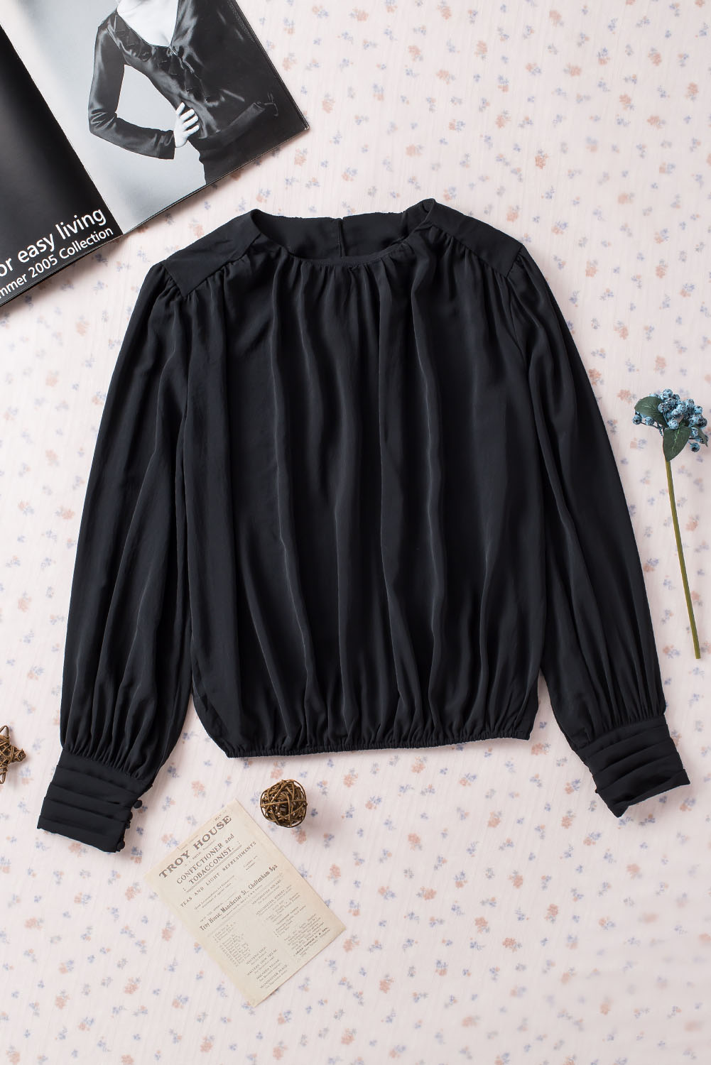 Black Padded Shoulder Buttoned Cuffs Pleated Loose Blouse - loveforevers