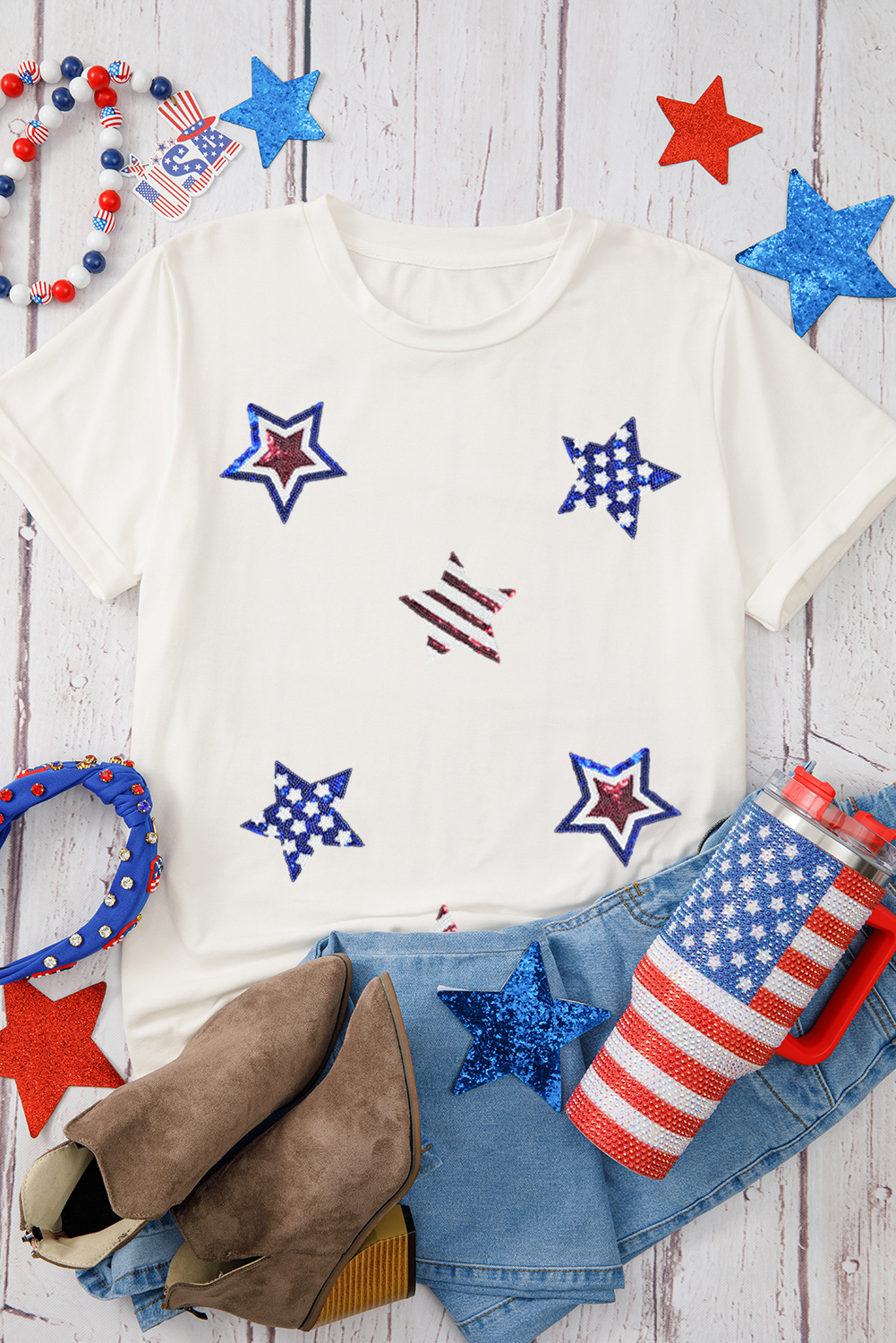 White USA Sequin Stars Patched Casual T Shirt - loveforevers