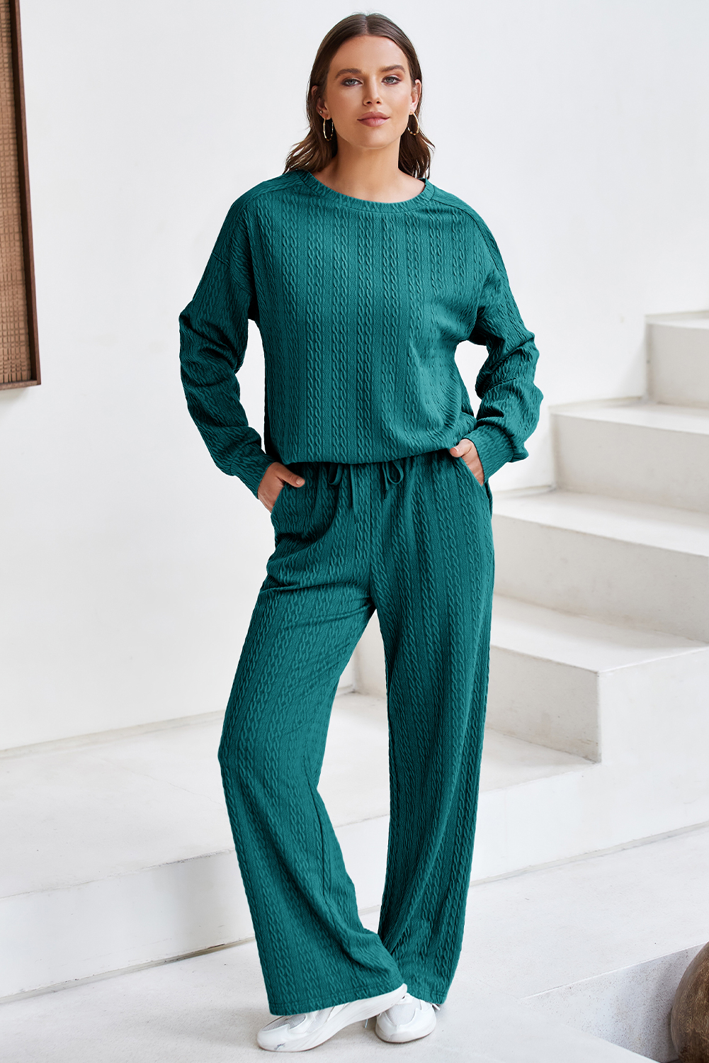Smoke Green Textured Round Neck Sweatshirt & Loose Drawstring High Waist Pant Set - loveforevers