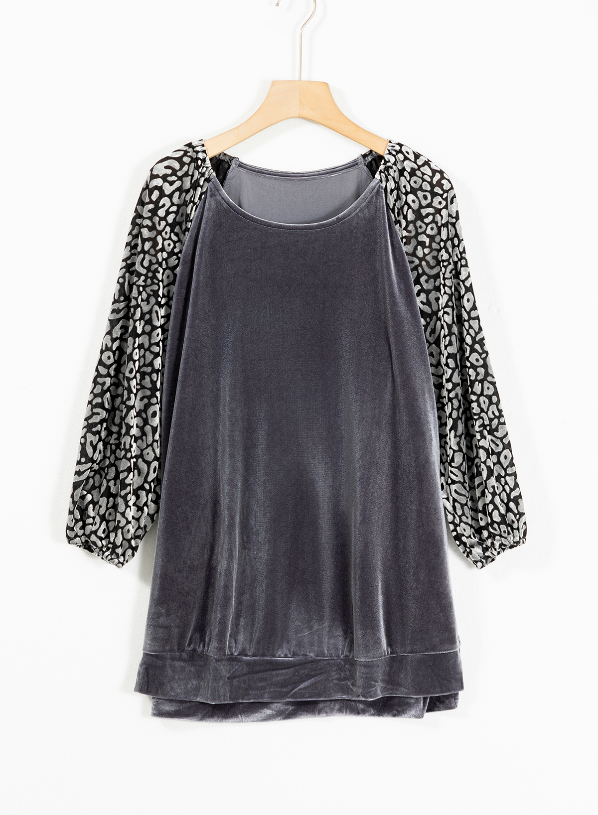 Medium Grey Leopard Splicing Lantern Sleeve Velvet Blouse - loveforevers